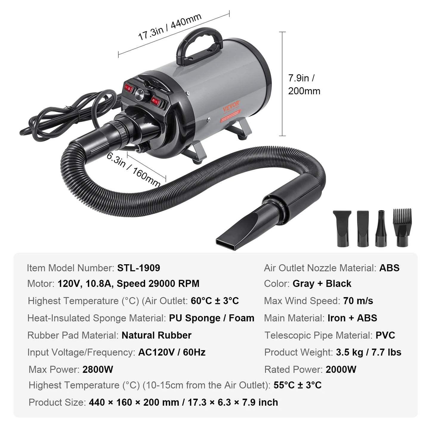 SucceBuy Dog Blow Dryer With Temperature Control And 4 Nozzles