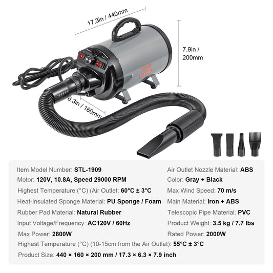 SucceBuy Dog Blow Dryer With Temperature Control And 4 Nozzles