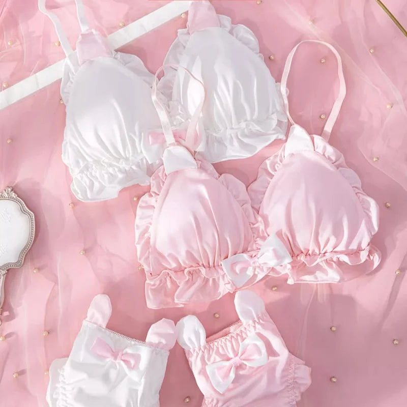 Women Plunge Bra And Brief Set With Bow Soft Polyester