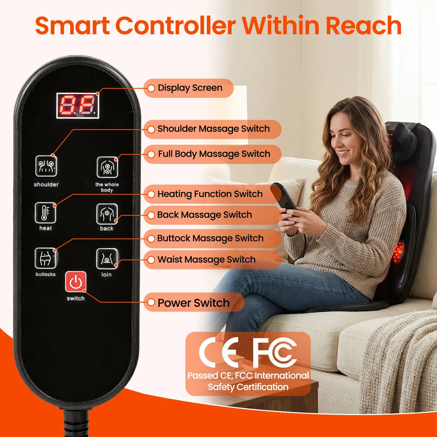 Chair Massager Pad With Remote Control Adjustable Intensity And Heat