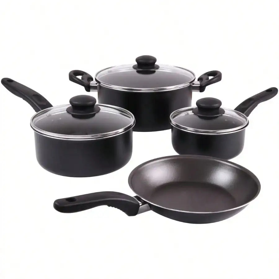 7 Piece Nonstick Cookware Set Modern Minimalist Black Matte Aluminum Pots And Pans Set Tempered Glass Lids Heat Resistant Handles Lightweight Cooking Set For Kitchen Gas Stove RV Home Essentials Housewarming Gift