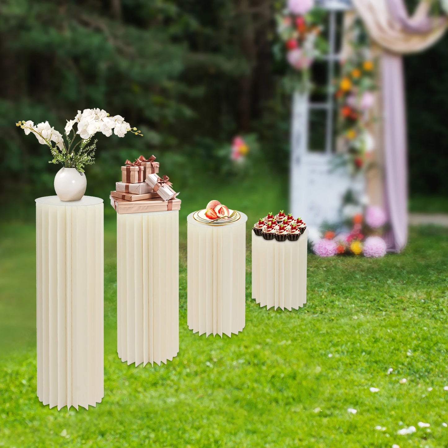 4Pcs Foldable Cardboard Flower Stands Wedding Centerpieces Display Dessert Table Column for Party Garden Decor (40+60+80+100cm)