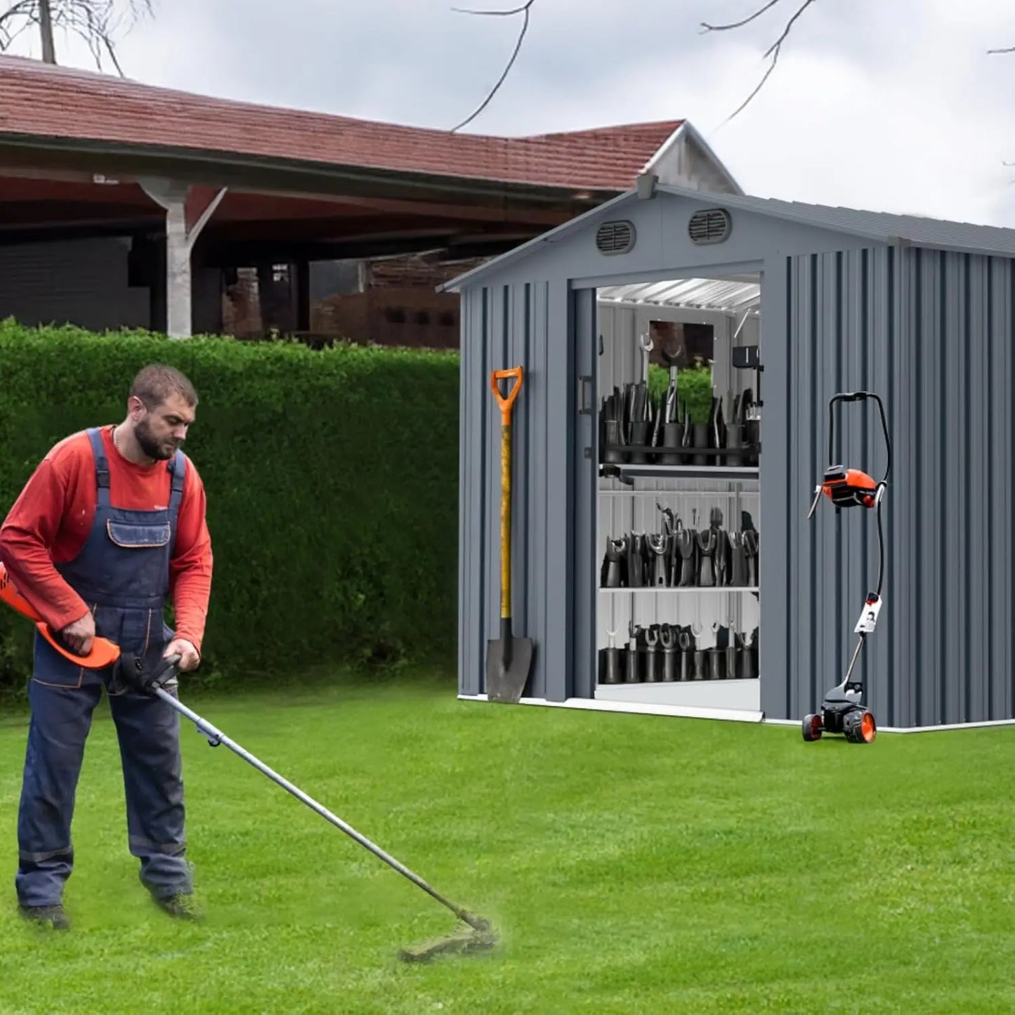 Outdoor Metal Storage Shed With Window And Lockable Doors