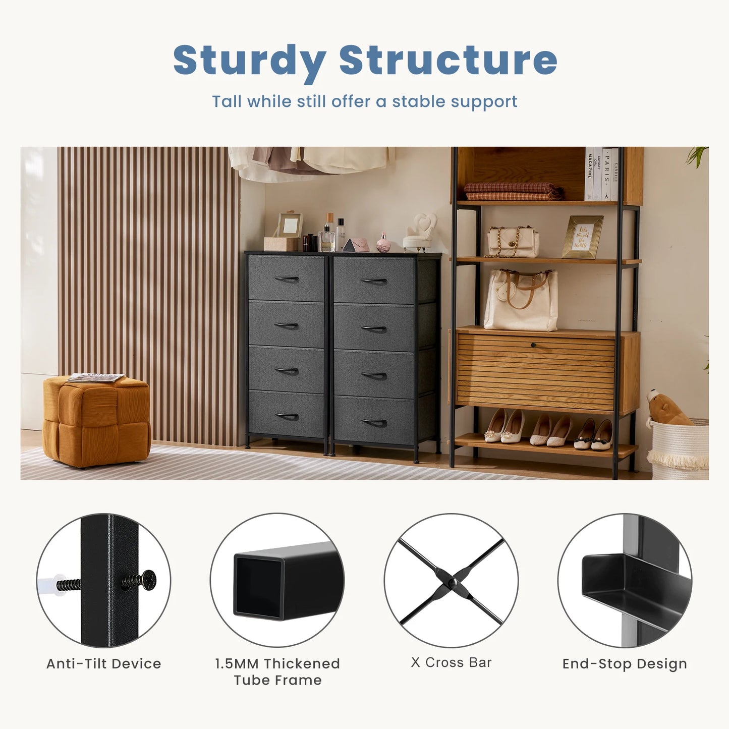 JHK Modern Bedroom Dresser With Four Fabric Drawers Nightstand