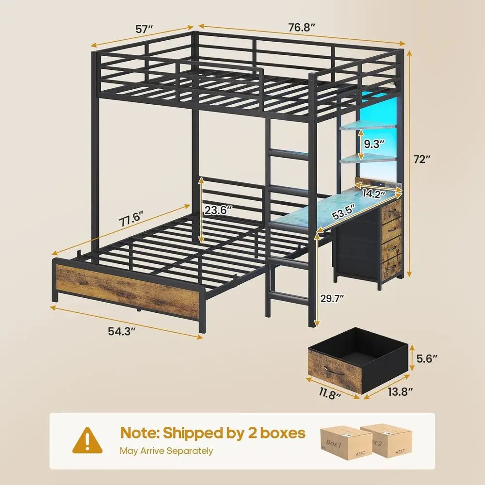 Bunk Bed With Desk, LED Lights, Storage And Charging