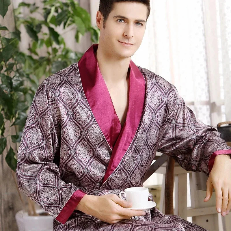 Men Bath Robe Satin Print Geometric Kimono Silk Dressing Gown