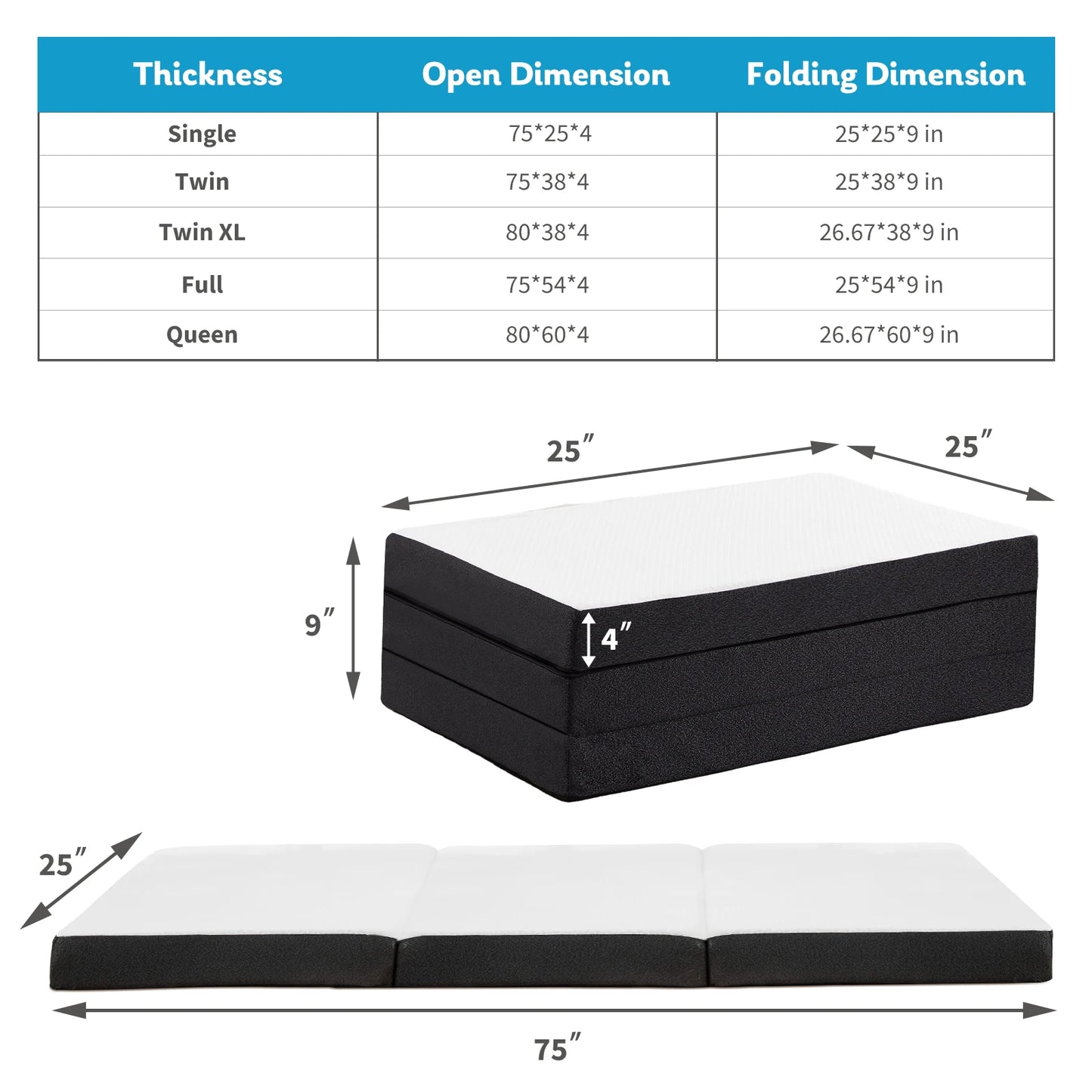JHK Three Fold Portable Floor Bed CertiPURUS Certified For Travel