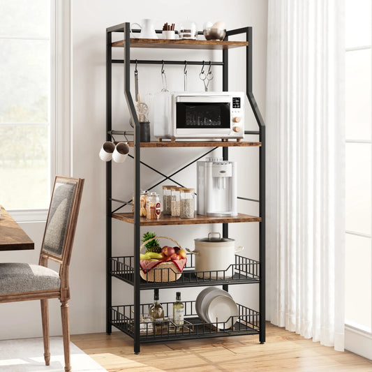 Kitchen Bakers Rack Microwave Oven Stand with 2 Large Wire Basket Industrial Coffee Bar Station