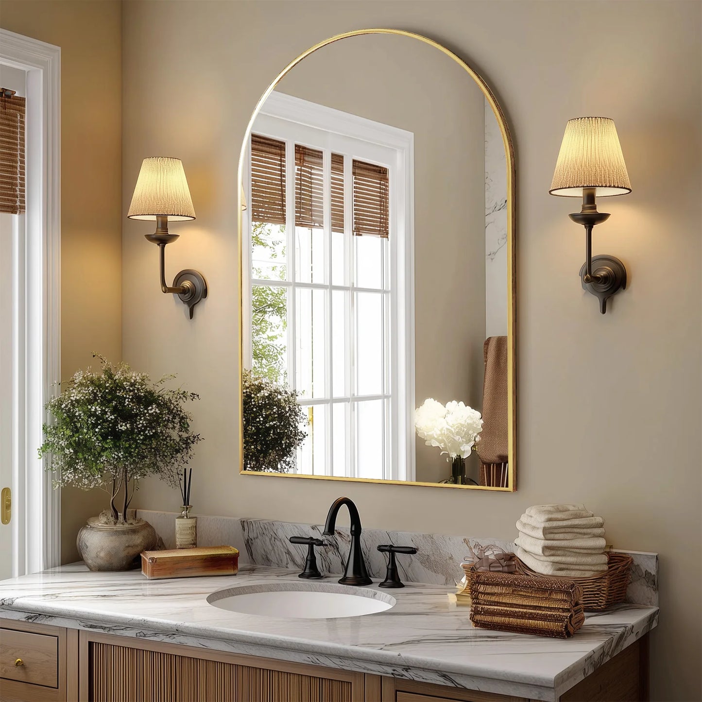 JHK Arched Metal Framed Bathroom Mirror For Wall Modern Decor