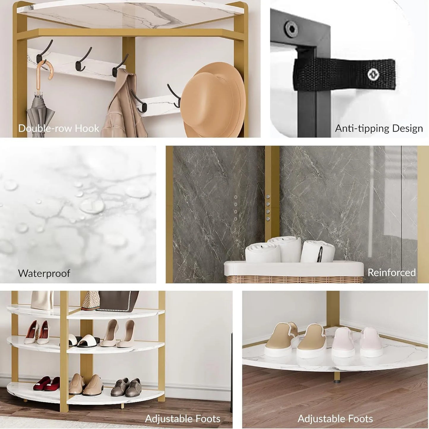 HiMISS Corner Coat Rack Featuring 6 Hooks And 3 Shelves