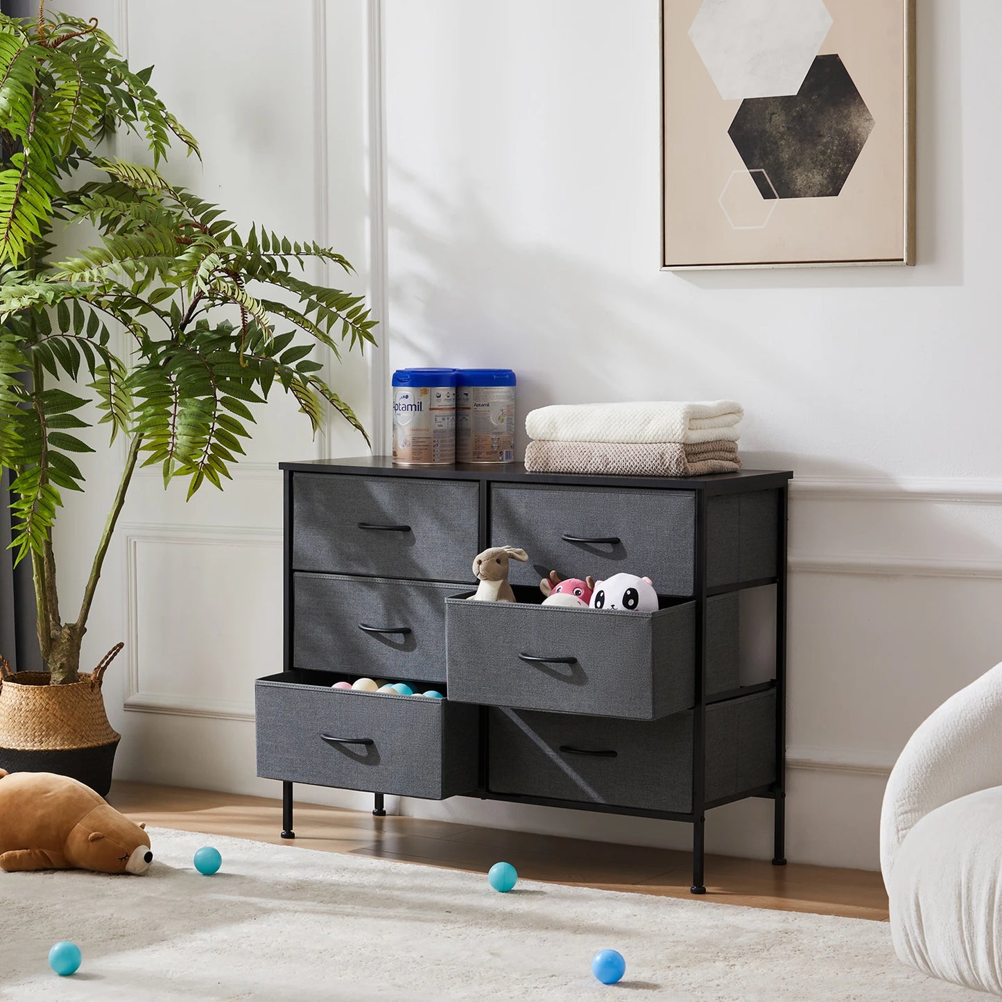 JHK Six Drawer Nightstand With Fabric Storage Chest Bedroom Furniture