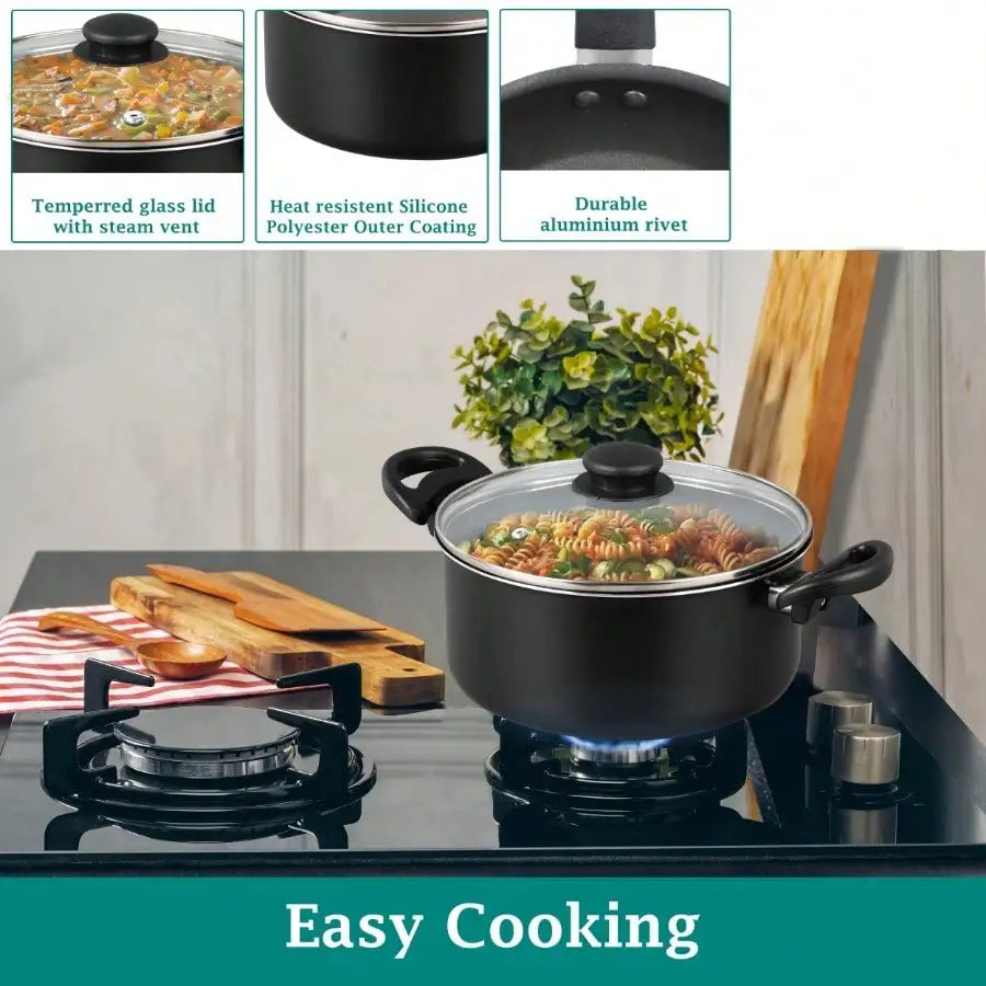 7 Piece Nonstick Cookware Set Modern Minimalist Black Matte Aluminum Pots And Pans Set Tempered Glass Lids Heat Resistant Handles Lightweight Cooking Set For Kitchen Gas Stove RV Home Essentials Housewarming Gift