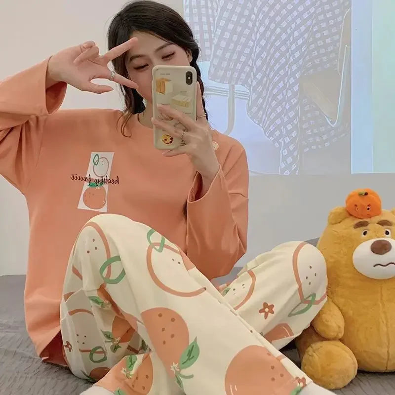 Women's Cartoon Print Pajama Set For Spring And Autumn