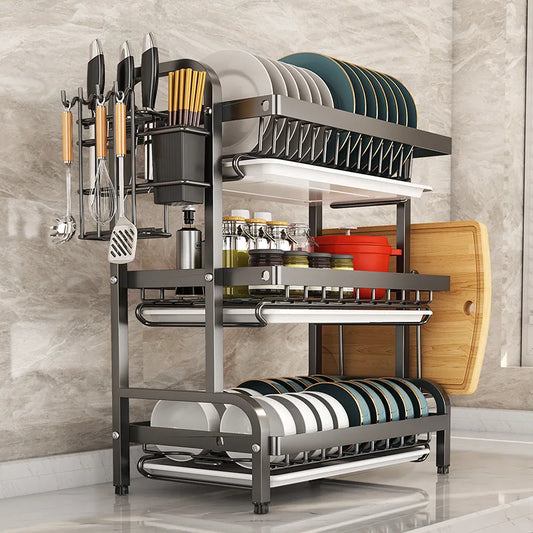 2/3-Tier Stainless Steel Dish Rack with Utensil Holder - Compact, Rustproof Kitchen Countertop Organizer & Drying Drainer