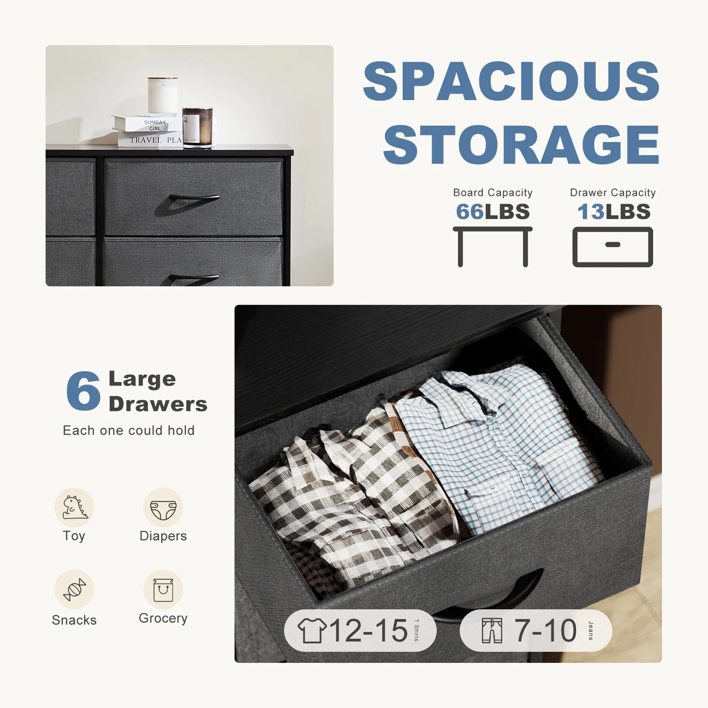 JHK Six Drawer Nightstand With Fabric Storage Chest Bedroom Furniture