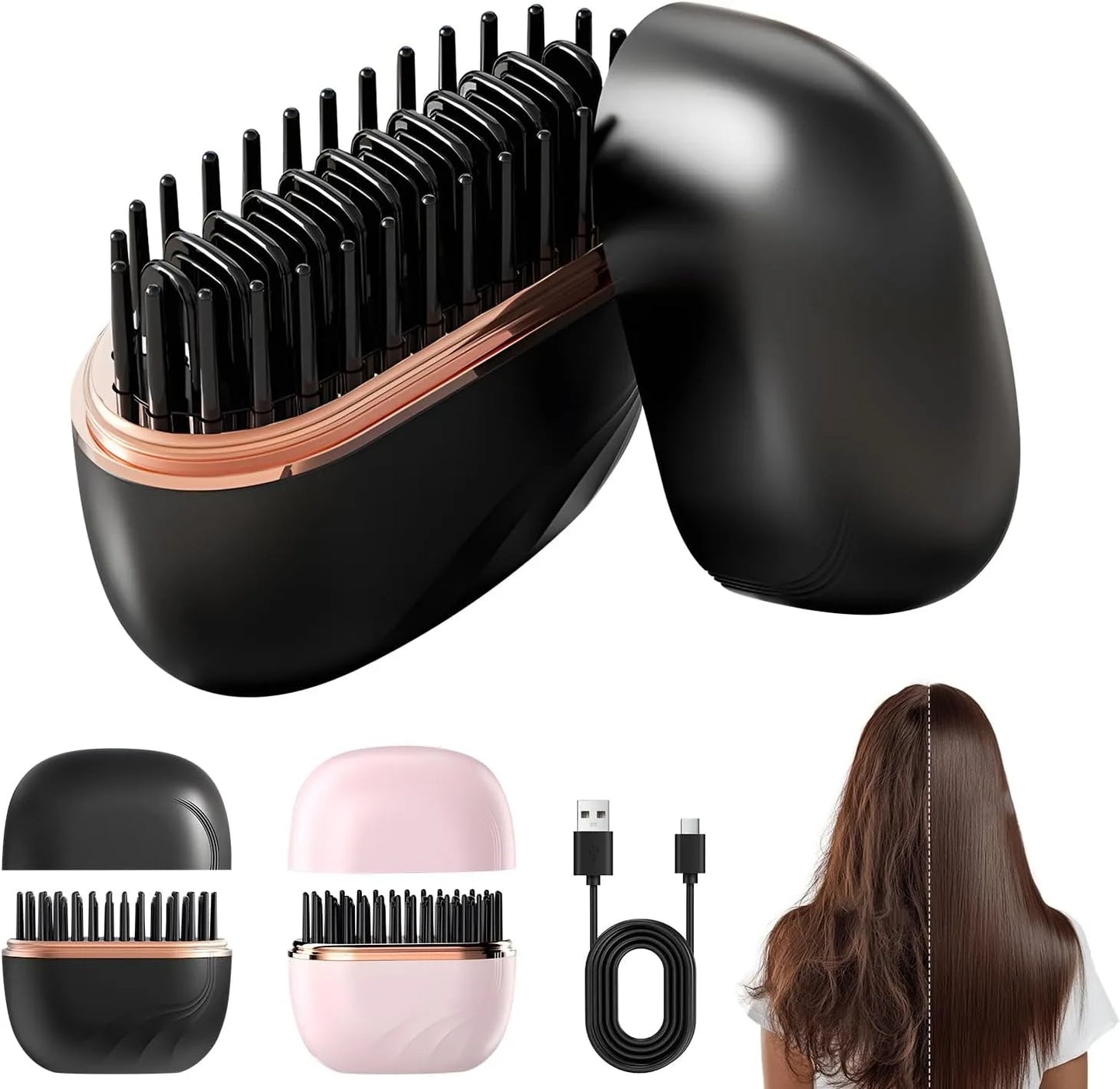 Mini Rechargeable Hair Straightener Brush With 3 Speed Temperature Control