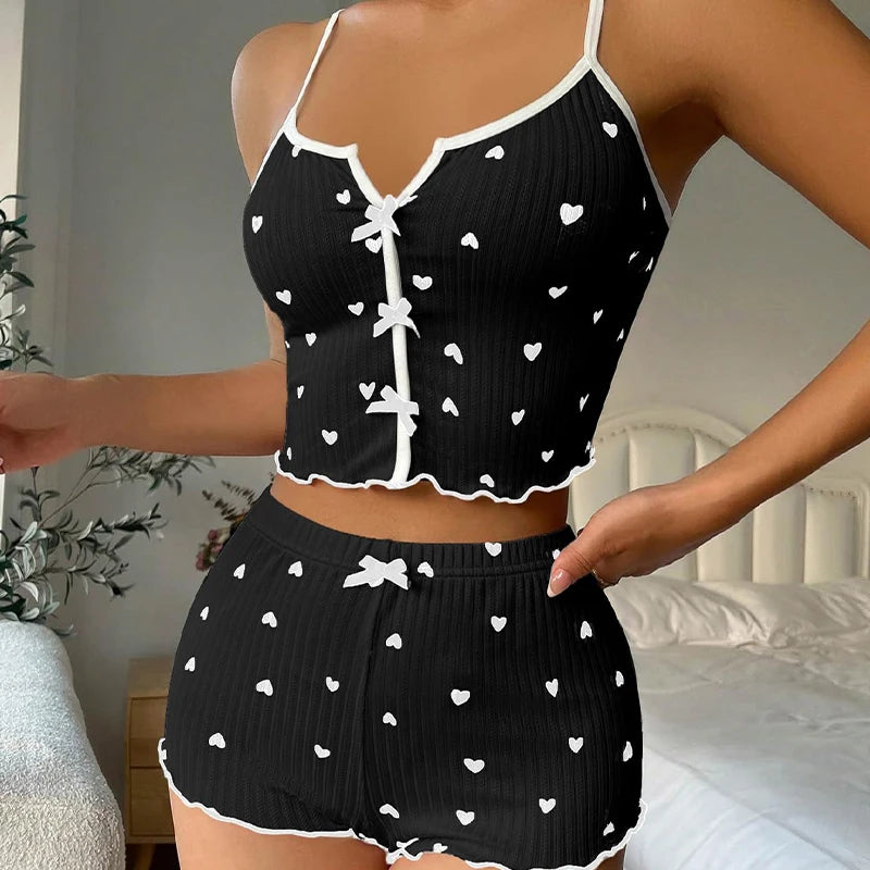 Women Summer Knit Ribbed Crop Top And Shorts Pajama Set