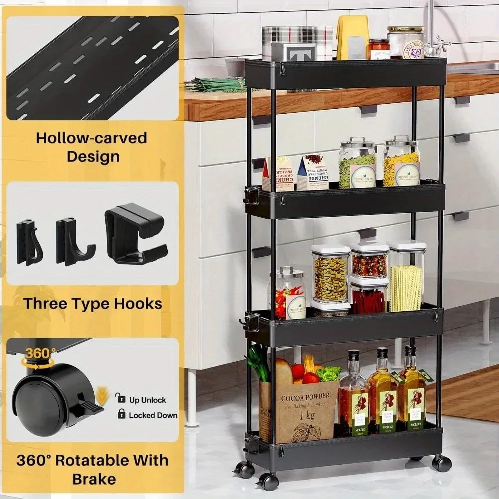 Slim Rolling Storage Cart 4-Tier Organizer Mobile Shelving Unit