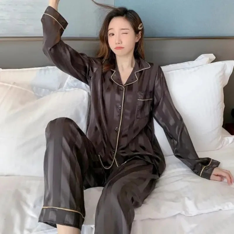 Women Satin Pajama Set Striped Two Piece Cardigan Roll Neck