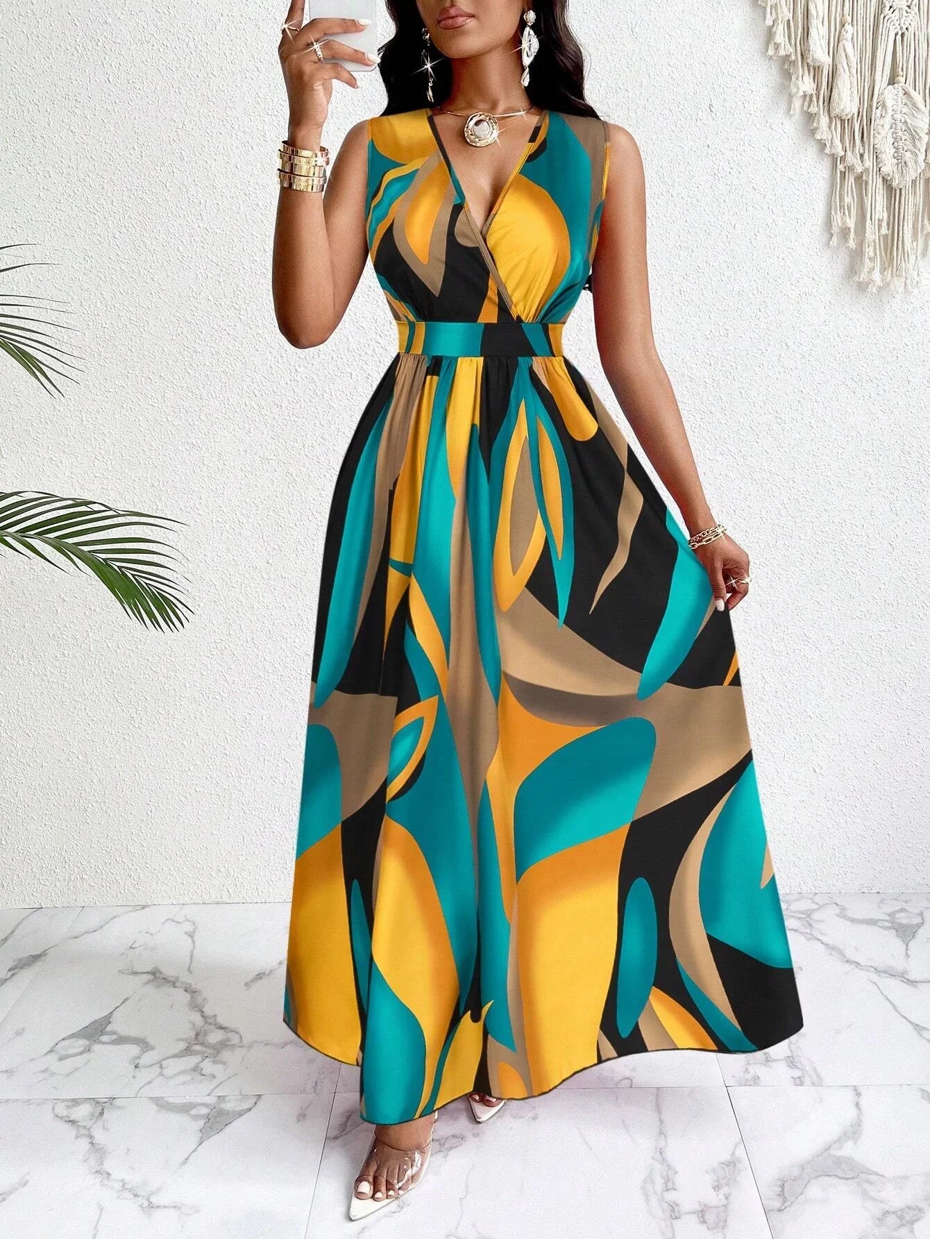 Womens Sleeveless V Neck Floor Length Dress With Abstract Print