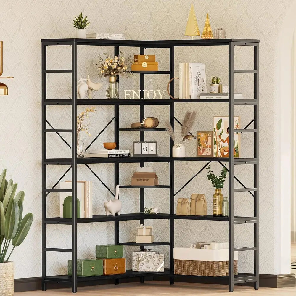 IRONCK Industrial 5-Tier Corner L-Shaped Bookcase With Curved Panels