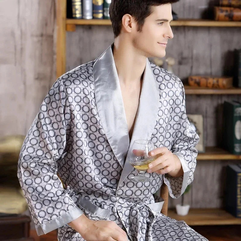 Men Bath Robe Satin Print Geometric Kimono Silk Dressing Gown