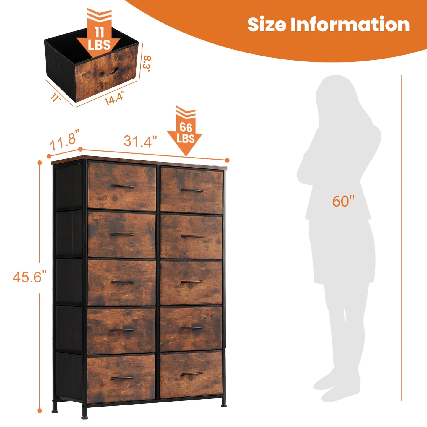 JHK Bedside Table With Fabric Drawers And Steel Frame Wardrobe