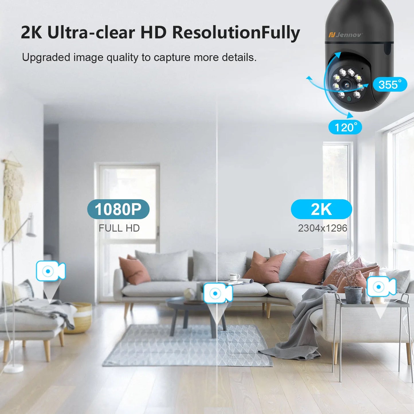 JENNOV 2Pack 2K WiFi Light Bulb Security Camera Outdoor