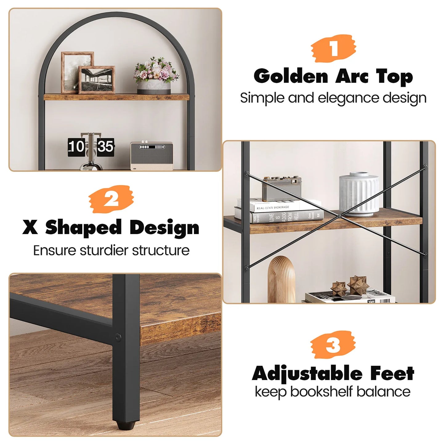 TWISTER.CK 5-Tier Arched Bookshelf Industrial Open Bookcase