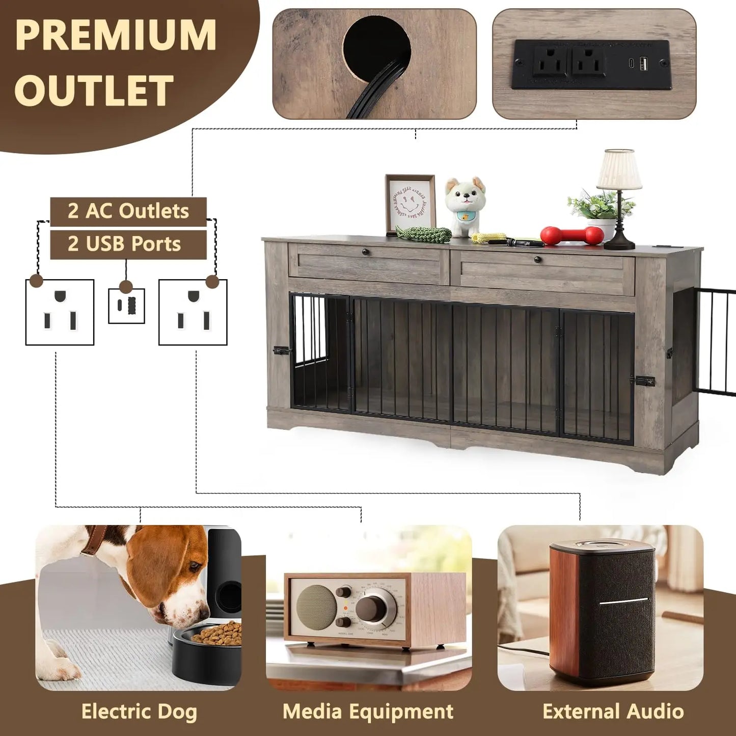 Heavy Duty Wooden Dog Crate End Table With Charging Station