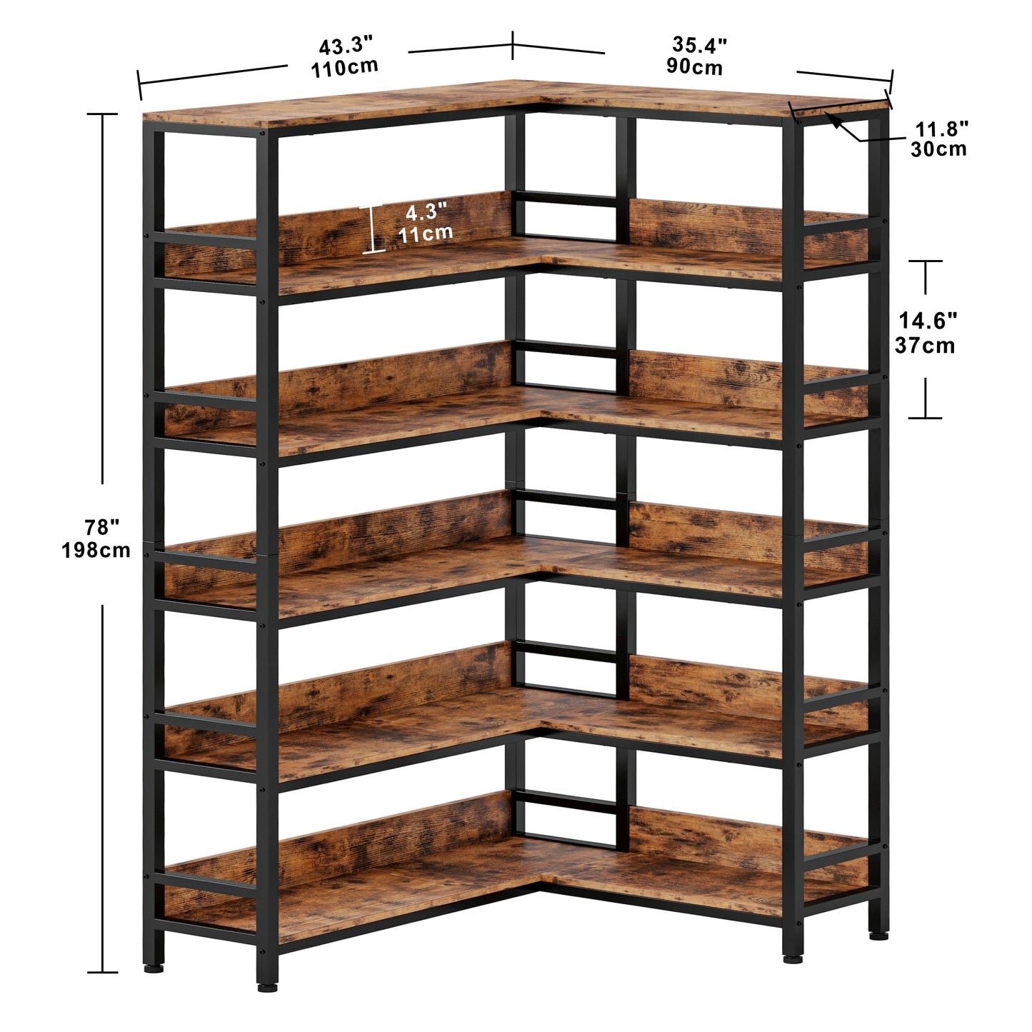 IRONCK Industrial 6 Tier Corner Bookcase With Metal Frame Living Room