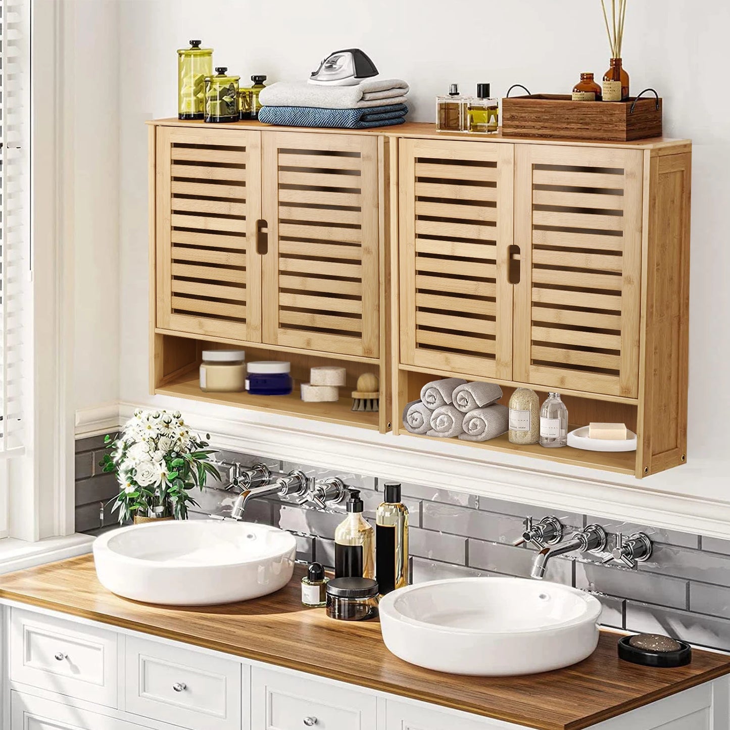 Wall Mounted Bamboo Bathroom Cabinet Storage Shelf Medicine Cupboard Organizer Rack for Bathrooms