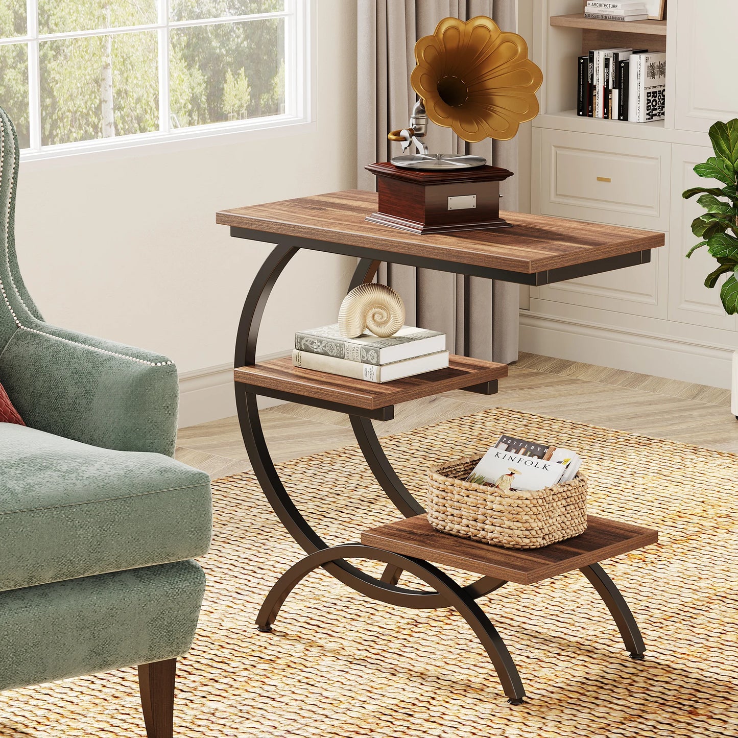 Tribesigns C Shaped End Table With Industrial Style Shelves