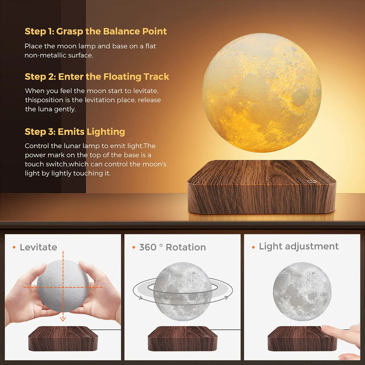Mexllex Magnetic Floating Moon Lamp With Wooden Base And 3 Color Led Night Light