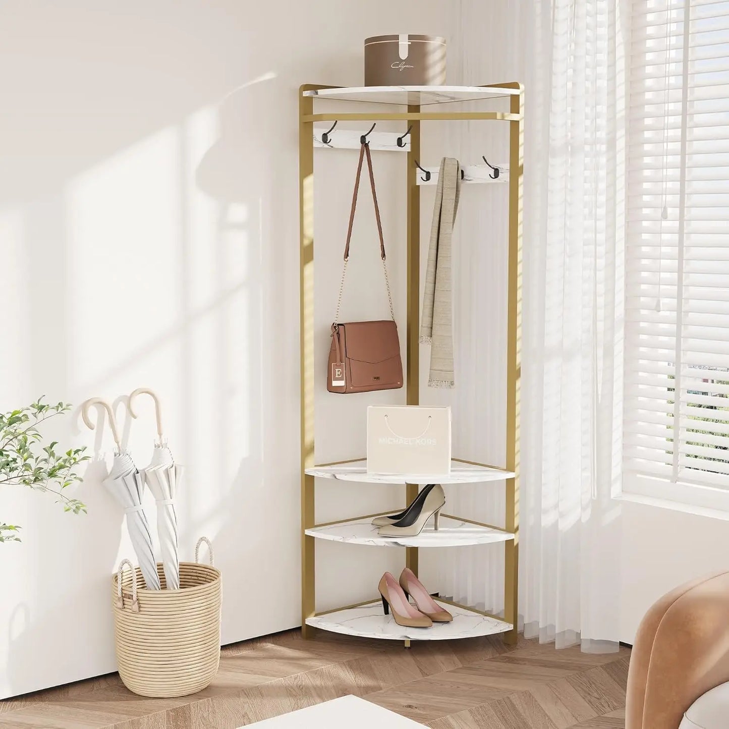 HiMISS Corner Coat Rack Featuring 6 Hooks And 3 Shelves