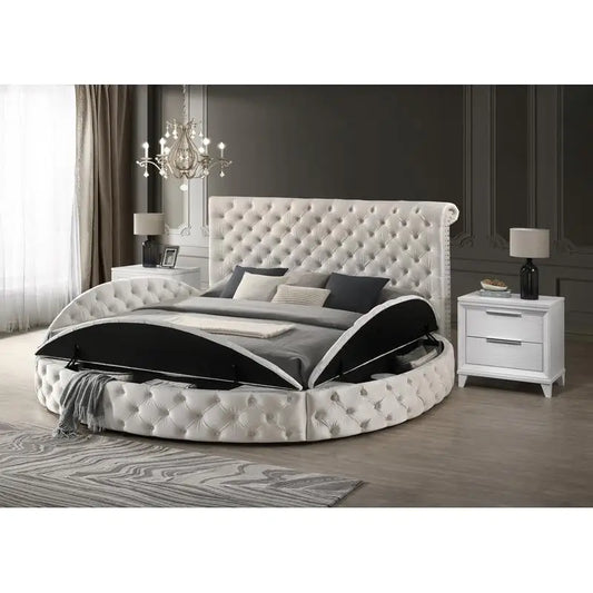 Queen Size Ivory Velvet Button-Tufted Storage Bed Set with 2 Nightstands - Wooden Bedroom Furniture 3pc Set
