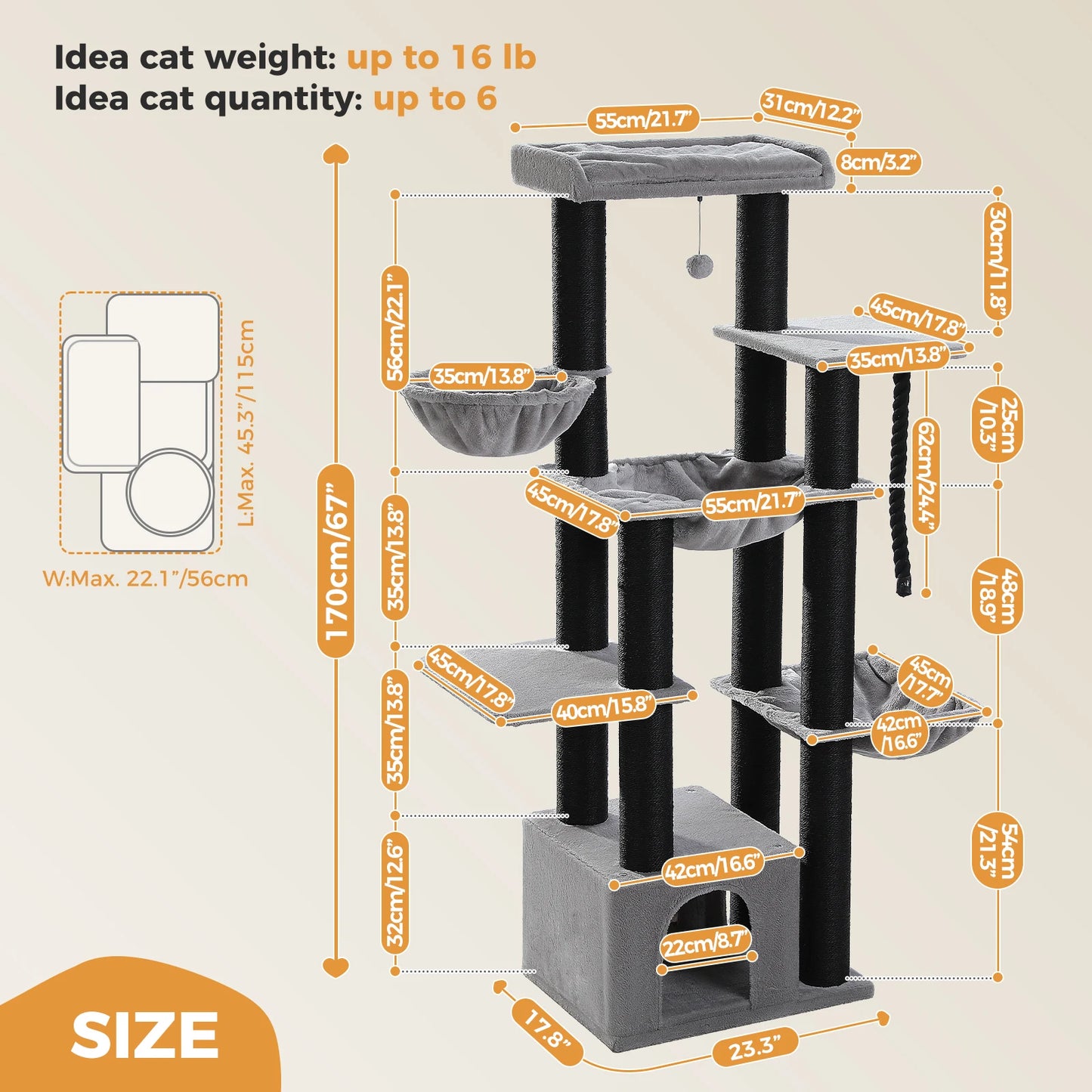 PAWZ Road Large Cat Tree Tower With Levels And Hammock