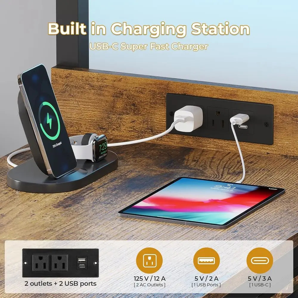 Bunk Bed With Desk, LED Lights, Storage And Charging