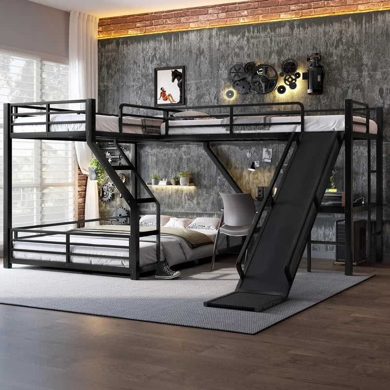 L-Shaped Bunk Bed With Loft, USB Charging, Metal Construction