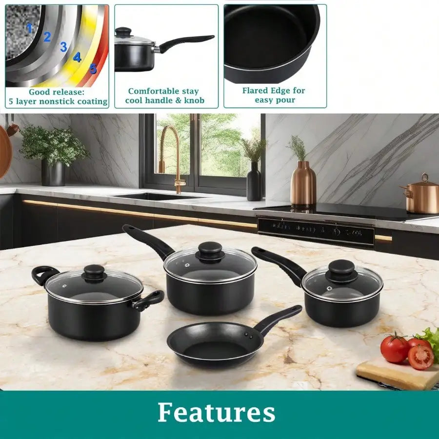 7 Piece Nonstick Cookware Set Modern Minimalist Black Matte Aluminum Pots And Pans Set Tempered Glass Lids Heat Resistant Handles Lightweight Cooking Set For Kitchen Gas Stove RV Home Essentials Housewarming Gift