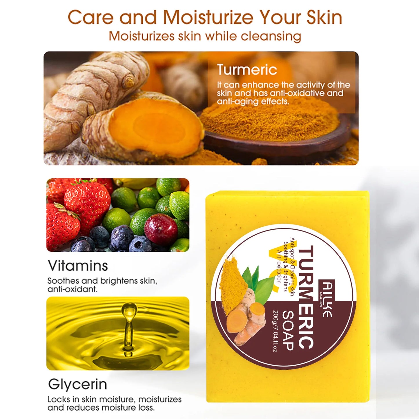 AILKE Natural Turmeric Soap Bar, Brighten, Remove Darkness, Acne, Pimples, Cleaning, Exfoliates, Uneven Skin Tone, 200g