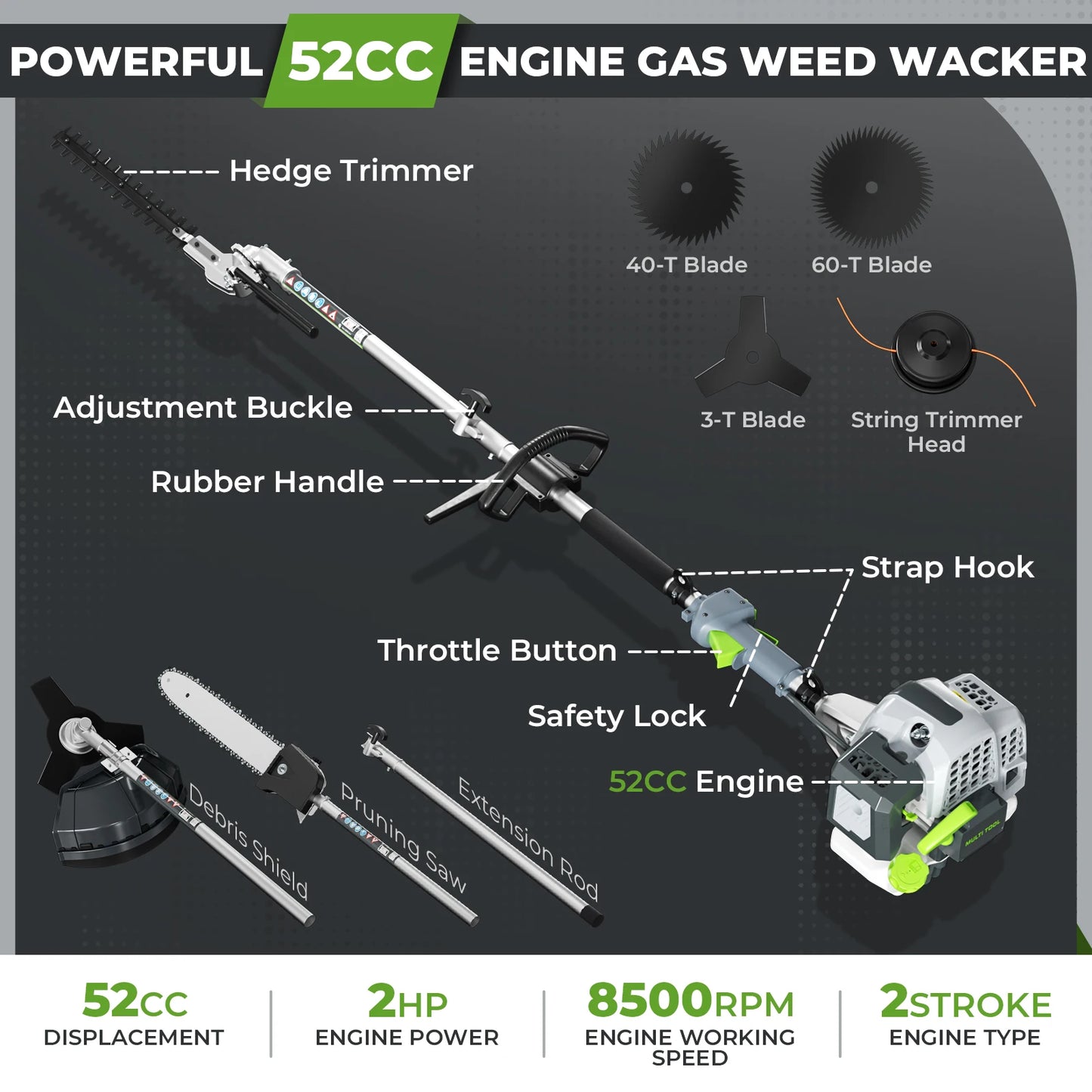 6-In-1 Gas Powered Weed Wacker Trimmer Pole Saw