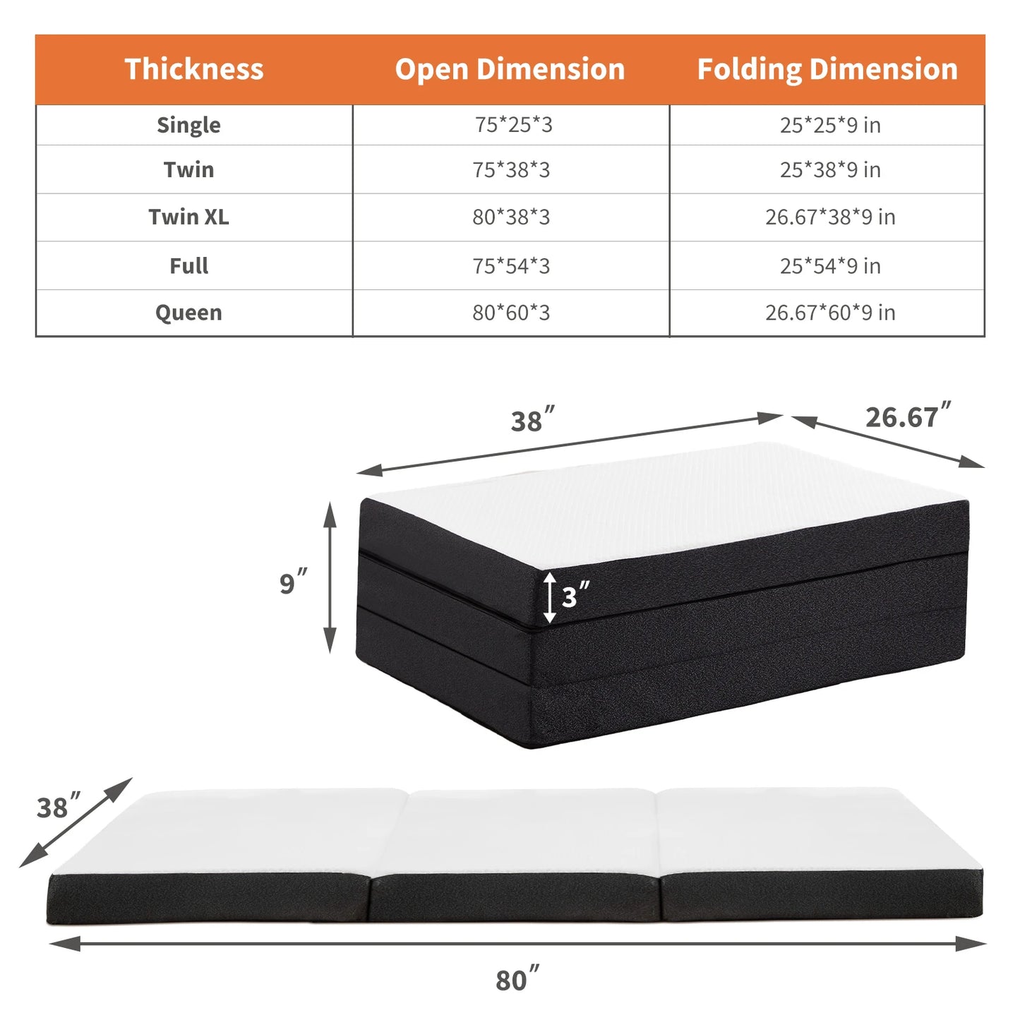 JHK Three Fold Portable Floor Bed CertiPURUS Certified For Travel