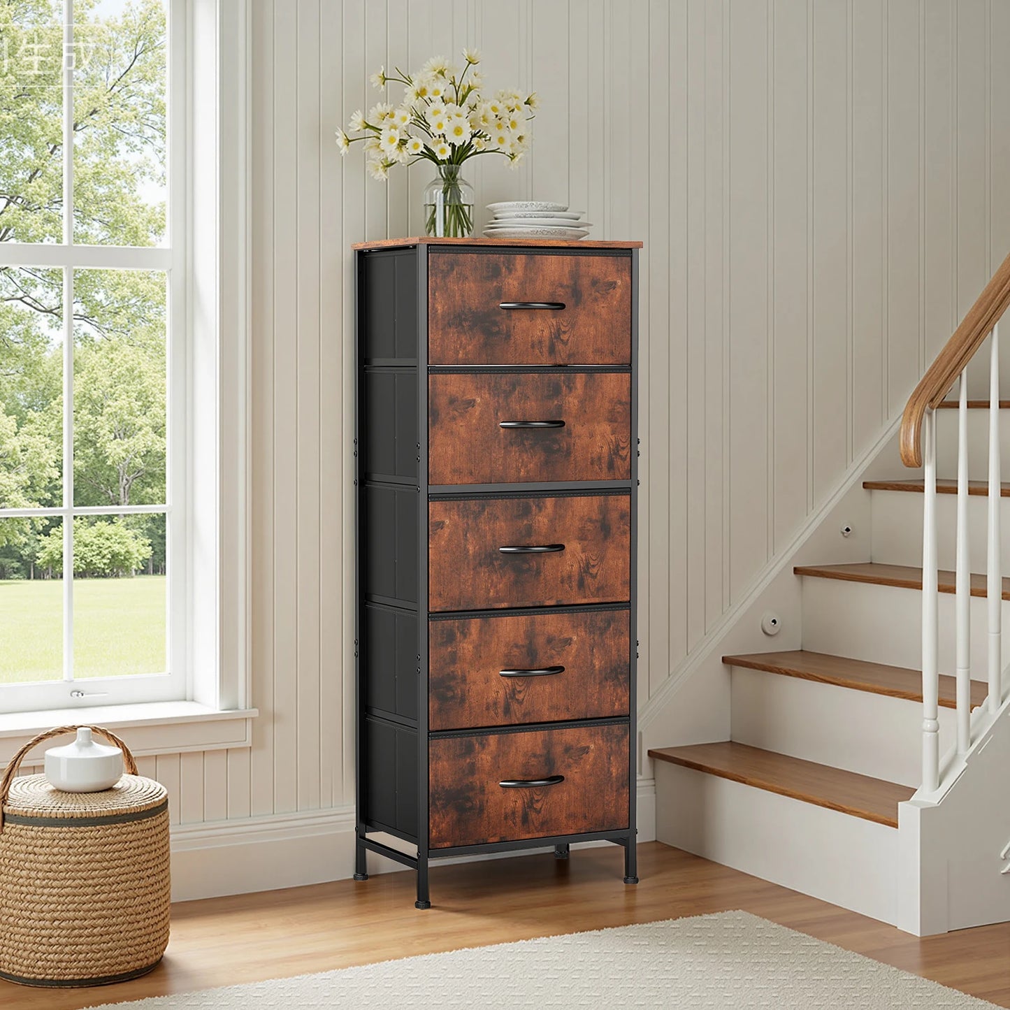 JHK Dresser With Five Fabric Drawers And Steel Frame