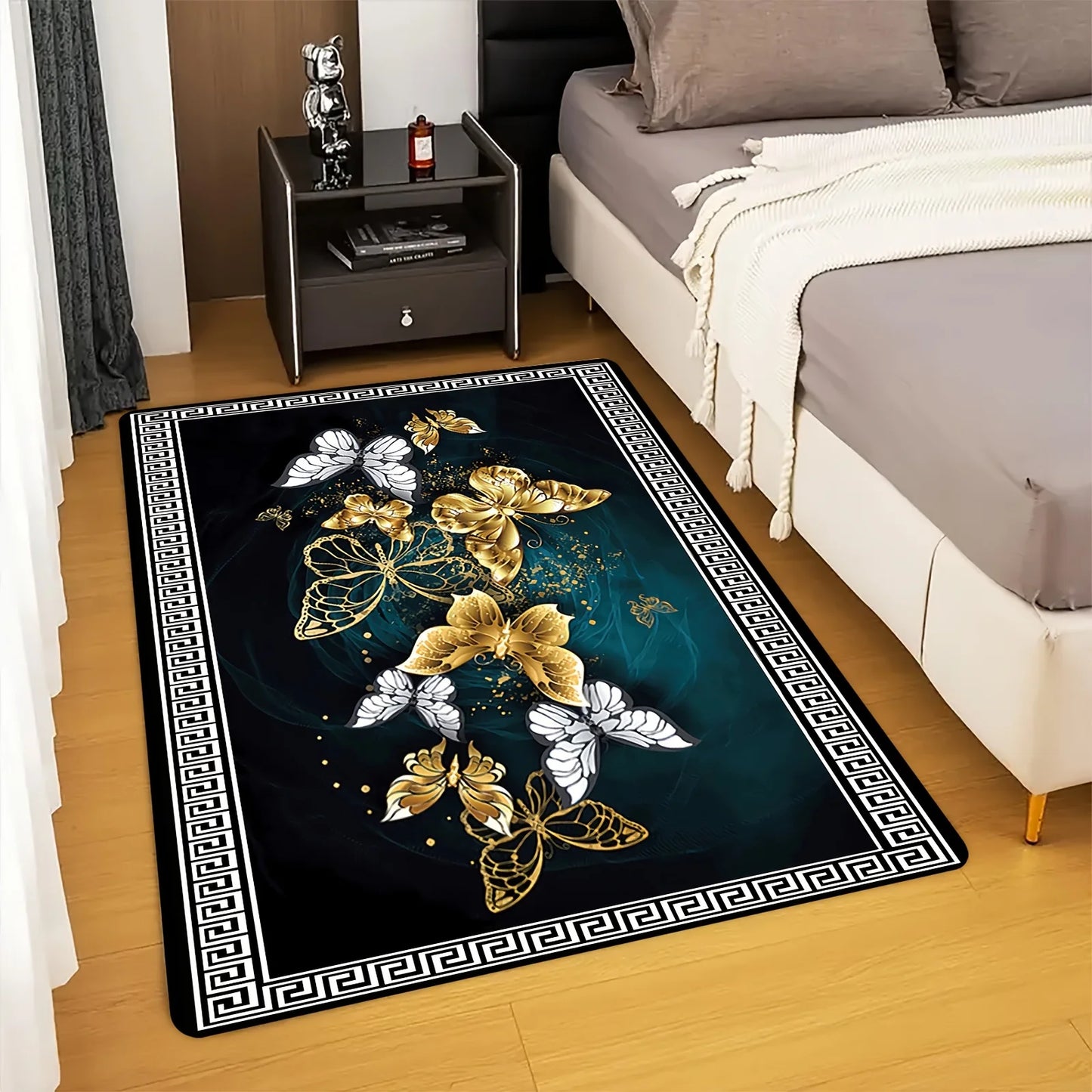 Golden And White Butterfly Pattern Printed Flannel Rug Non Slip Soft Carpet For Living Room Bedroom Elegant Decor Artistic