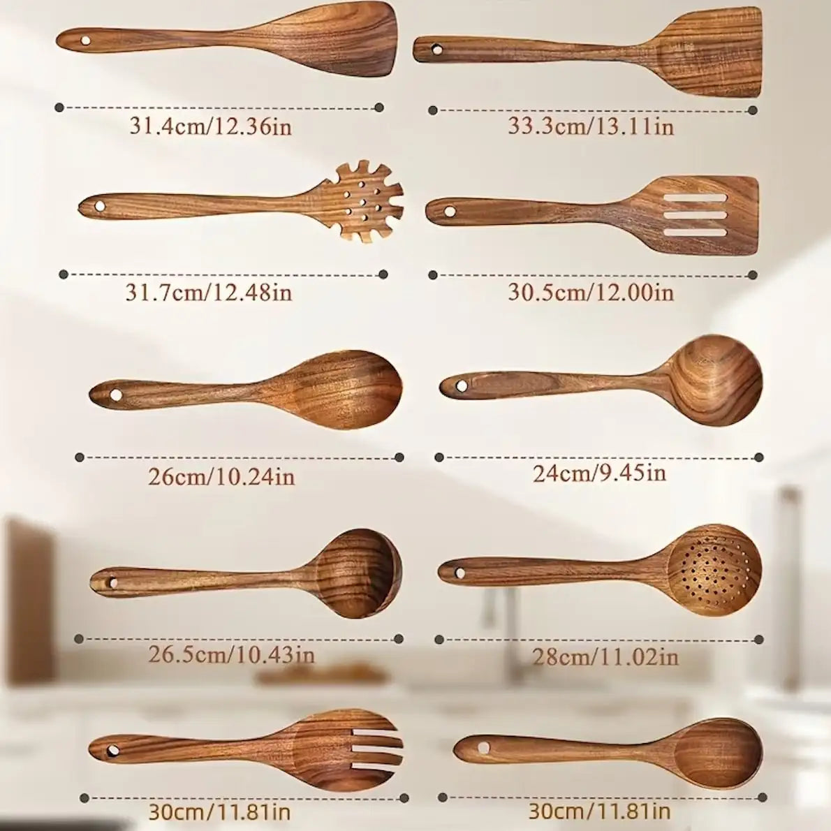 Wooden Kitchen Utensils Set Rustic Farmhouse Dark Natural Teak Wood Spatula 10 Piece Set Non Stick Cooking Spoons Heat Resistant Utensils Set For Kitchen Cooking Baking Serving Nonstick Cookware Housewarming Gift