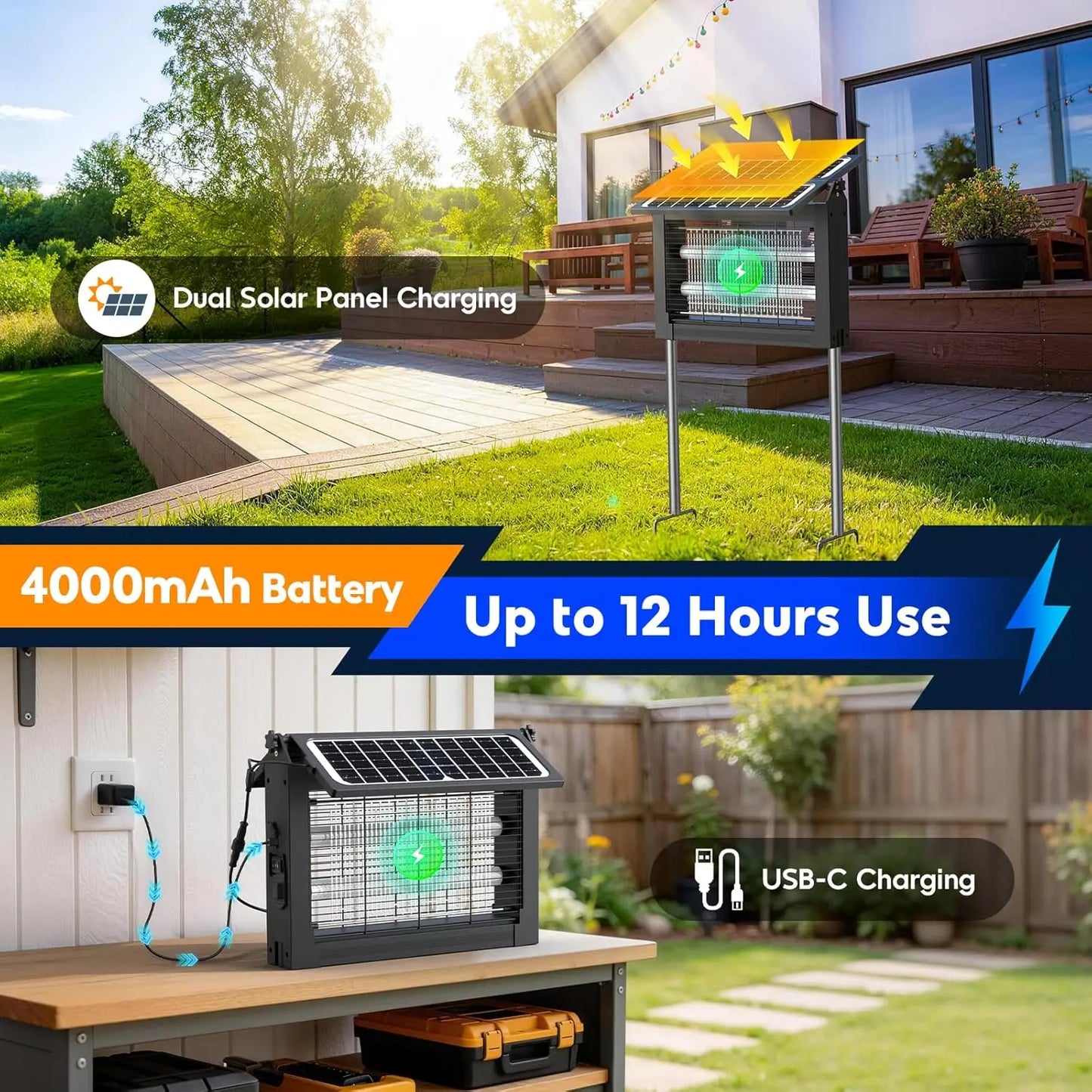 Solar Bug Zapper 4500V With Dual Panels And USB Charging
