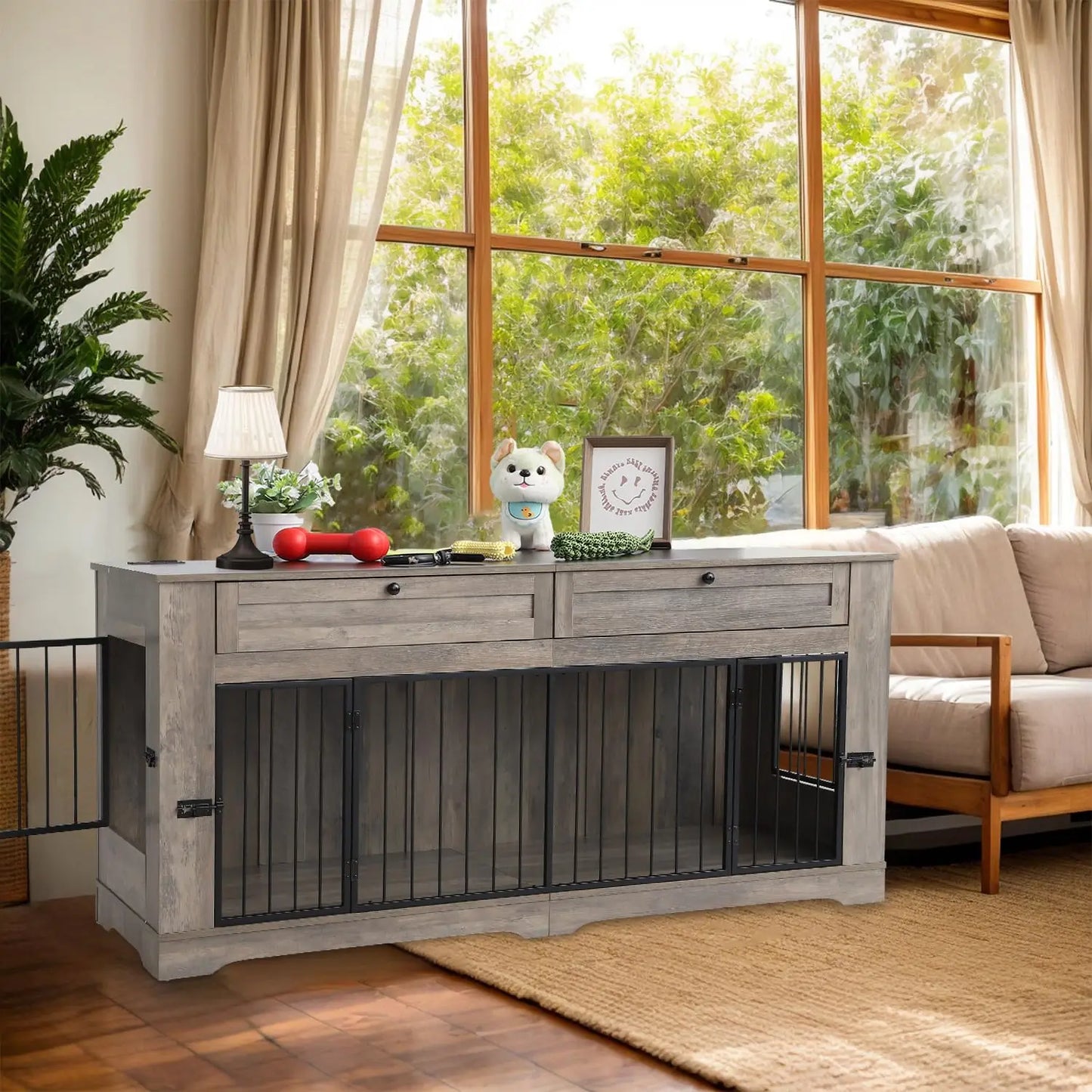 Heavy Duty Wooden Dog Crate End Table With Charging Station