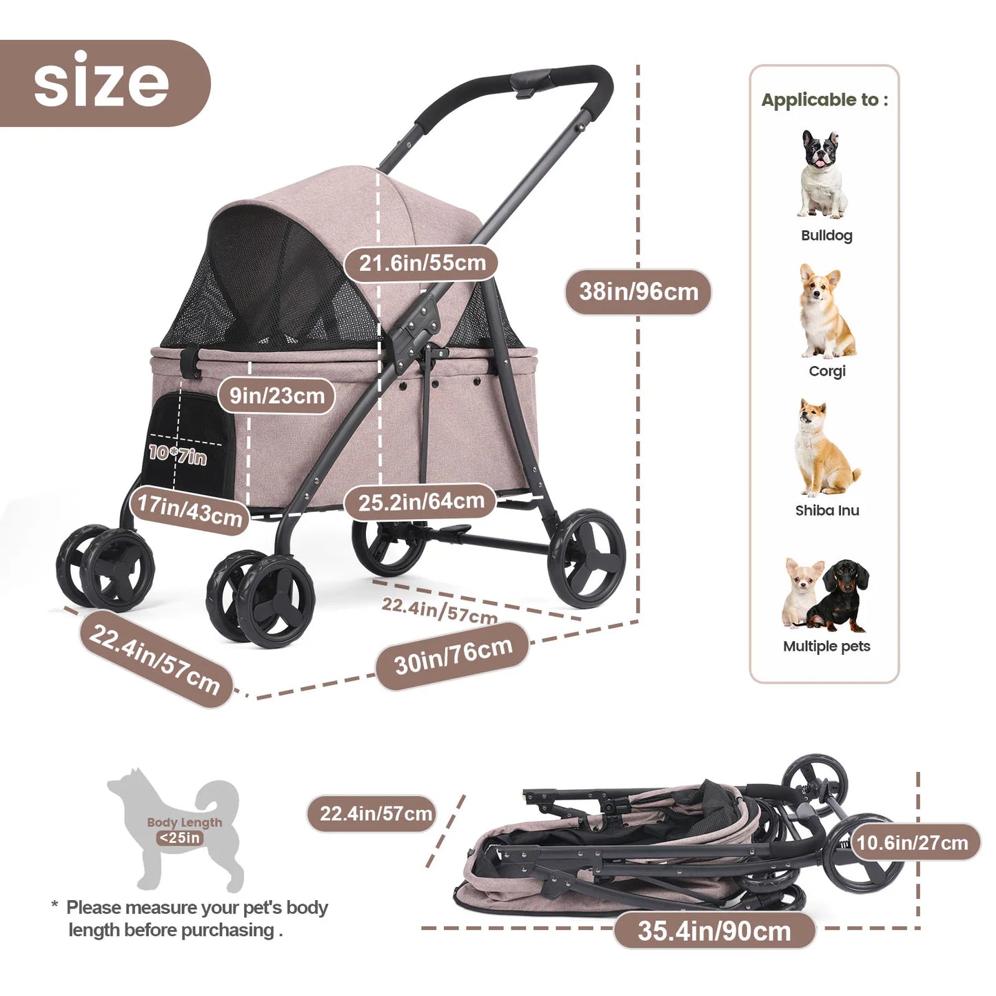 Foldable Dog Stroller Four Wheel Pet Pushchair Travel Carriage