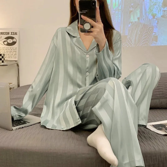 Women Satin Pajama Set Striped Two Piece Cardigan Roll Neck
